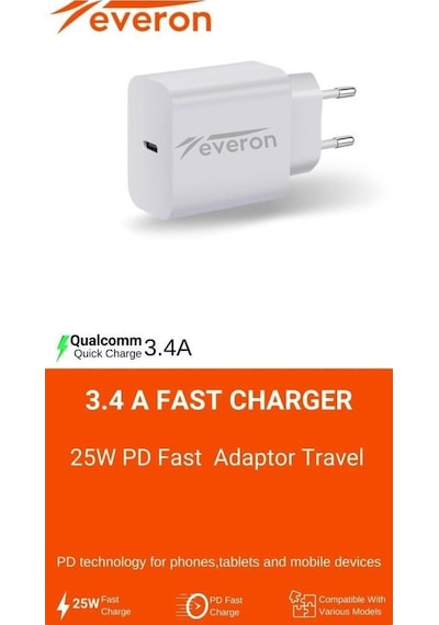 Samsung Galaxy S20 Fe İle Uyumlu 25w Qc 3.4a Type C Şarj Adaptörü Evr-003 Beyaz
