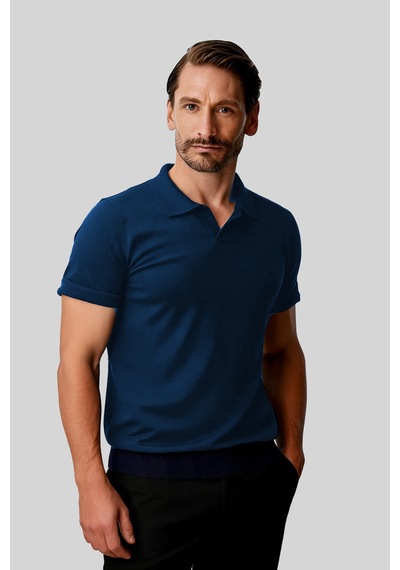 İgs Erkek Saks Slim Fit Dar Kalıp Polo Yaka Düz Kısa Kollu Triko Tişört-25990 Mavi