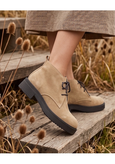 Futsishoes Aspen Camel Hakiki Süet Deri Bağcıklı Kısa Günlük Kadın Bot