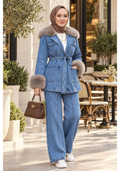 Hb Harma Time Butik Kadın Kürk Detaylı Kuşaklı Cepli Açık Kot Mavi Tunik Pantolon İkili Takım Açık Mavi Hb Harma Time Butik Kadın Kürk Detaylı Kuşaklı Cepli Açık Kot Mavi Tunik Pantolon İkili Takım Açık Mavi