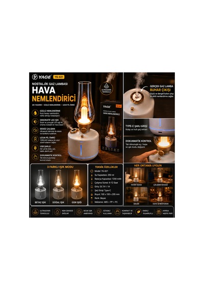 Nostaljik Gaz Lambası Tasarımlı Hava Nemlendirici Led Işıklı Usb Şarjlı Dekoratif Buhar Makinesi Beyaz