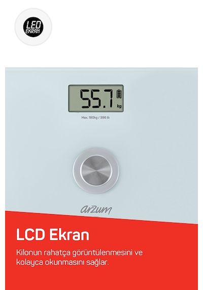 Arzum AR5126 Stayfit Touch Cam Beyaz Baskül, Pilsiz Kullanım, 180 Kg’a Kadar Ölçüm Kapasitesi, Beyaz