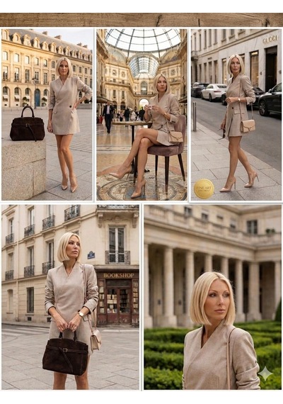 Luxury Collectrion Italyan Kesim Kruvaze Ceket - Etek Takım - Bej - M - St01127-bej-m