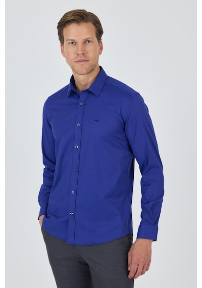 İmza Uzun Kol Düz Bez Ayağı Sert Yaka Cepsiz Pamuklu Classic Slim Fit Gömlek 1004250195 Saks