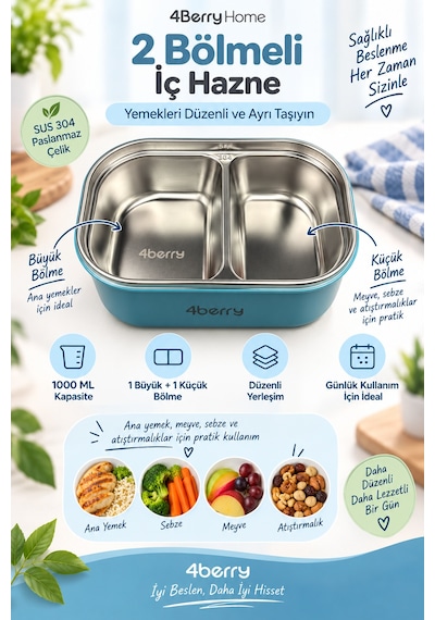 2 Bölmeli Yemek Termosu - Mavi Fil Desenli Beslenme Kabı - 1000 Ml, Sızdırmaz, Kaşıklı, Paslanmaz Çelik