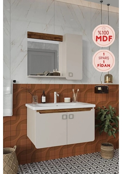 Selvi 80 Cm %100 Mdf Lavabolu Banyo Dolabı Aynalı Dolaplı Üst Dolap Lavabo Krem