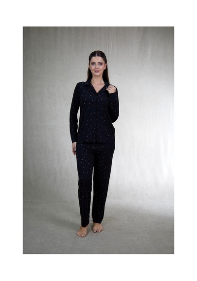 Estiva Kadın Puantiyeli Siyah Önden Düğmeli Soft Pijama Takımı Çok renkli