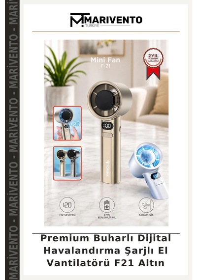 Premium Buharlı Dijital Havalandırma Şarjlı El Vantilatörü F21 Altın