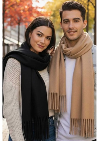 Tezzgelsin Unisex Yumuşak Dokulu Püsküllü Kışlık Buklet Atkı Şal 2'li Set Siyah - Bej