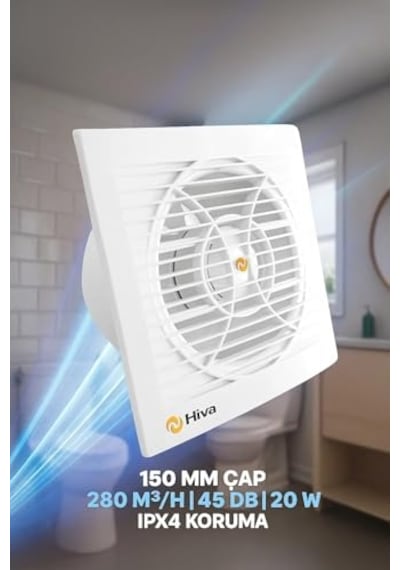 Hiva Banyo Ve Tuvalet Aspiratörü, 280 M³/h Debi, 45 Db Sessiz, 20 W Enerji, Ipx4 Su Sıçrama Korumalı, 230 V, 50 Hz Diğer