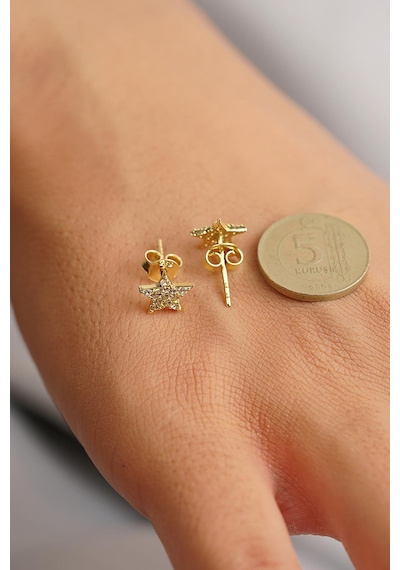 Fiyonk Kuyumculuk 14 Ayar Altın Swarovski Taşlı Büyük Yıldız Küpe 001