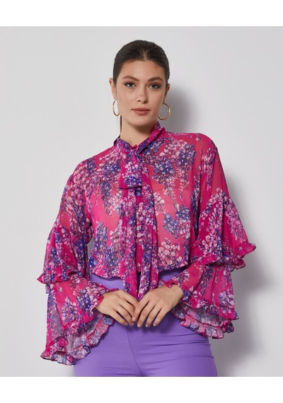 Serpil Exclusive Çiçek Desenli Kadın Gömlek - Fular Yaka - Kat Kat Kol Tasarımlı - Modern Ve Şık - Günlük Ve Özel Davetler İçin Gömlek Fuşya