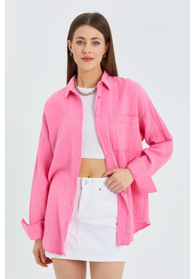 Mixray - 3833 Kadın Oversize Cepli Müslin Gömlek Pembe