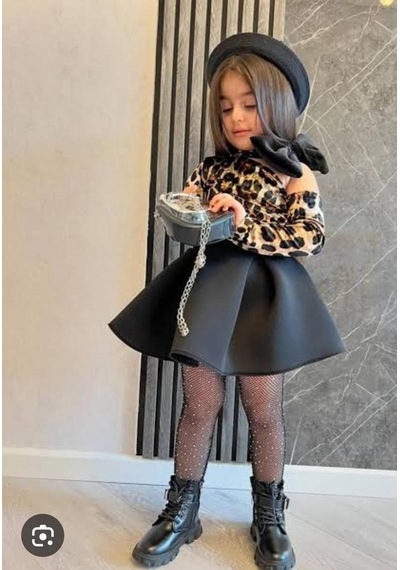Kız Çocuk Leopar Desenli Ve Fiyonk Detaylı Takım Siyah