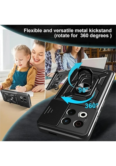 Tecno Spark 30 Pro Uyumlu Tank Kılıf Yüzüklü Standlı Extra Koruma Zırhlı Outdoor Kapak - Siyah