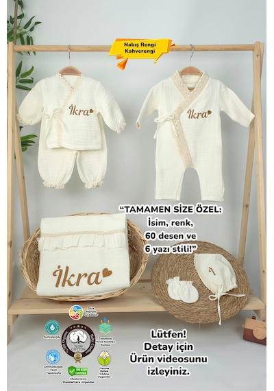 Gros Shop Müslin Yeni Doğan 4katlı Organik %100pamuk Kişiye Özgü Nakışlı Hastane Çıkış Seti Kalpli Model-6 Ekru