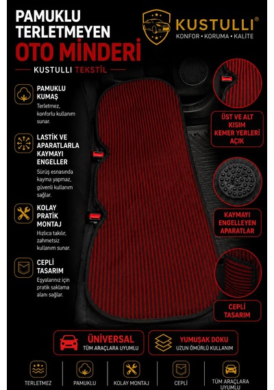 Kustulli 3'lü Pilot Terletmeyen Oto Koltuk Kilim Minder Cepli Model Kırmızı Ön Arka Koltuk Minderi