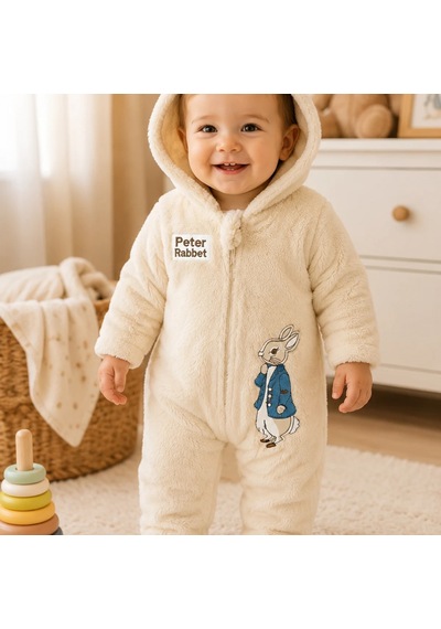 Candar Rabbit Tavşan Nakışlı Patikli Tüylü Erkek Bebek Tulumu Fermuarlı 3-6-9-12 Ay Kahverengi