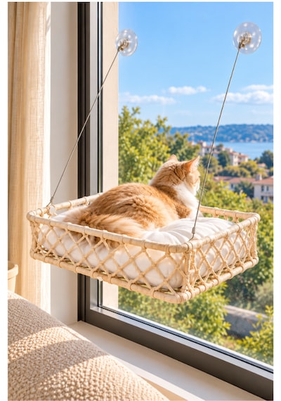 Reyo Tasaryum El İşçiliği Bohem Makrome Kedi Ve Küçük Köpek Cam Hamak Yatağı Güçlü Vantuzlu, Minderli - Krem