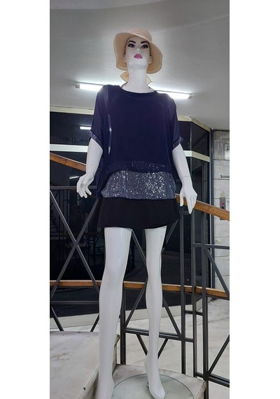 Bohem Stil İtalyan Yarasa Kollu Payetli İpek Bluz-9248 Lacivert