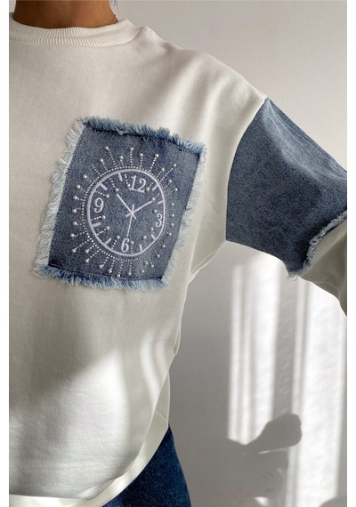 Femelle Kadın Ekru Kot Detaylı Taş İşlemeli Pamuklu Sweatshirt