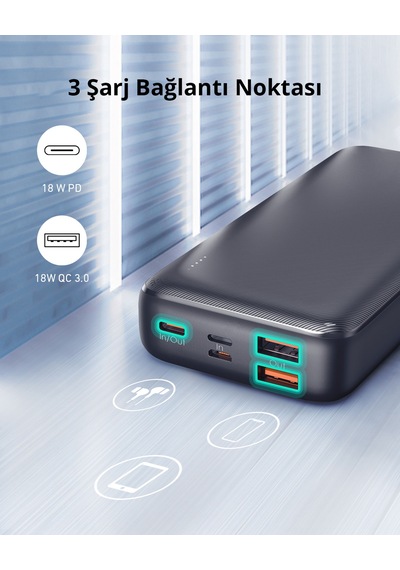 Aukey Pb-n74s-bk 22.5w 20000 Mah Pd Ve Qc 3.0 Destekli Powerbank - Siyah