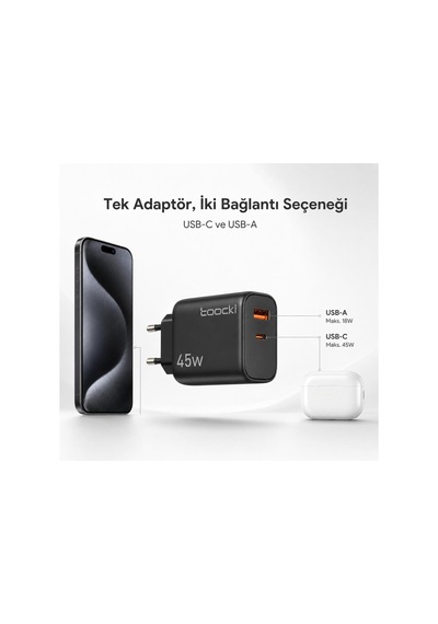 Toocki 45w Gan Hızlı Şarj Adaptörü, Type-c Ve Usb-a Çift Portlu Akıllı Güç Dağıtımlı Telefon Ve Tablet Şarj Cihazı