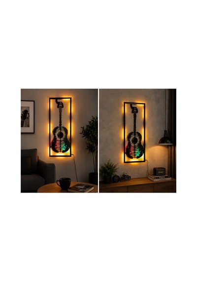 Ahşap Işıklı Duvar Dekoru Manzaralı Gitar 70x30