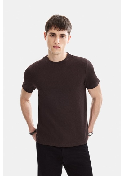 Backandbond Kahve Regular Fit Örme Bisiklet Yaka Tişört
