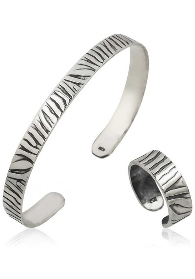 925 Ayar Gümüş Zebra Desenli Bileklik Ve Yüzük Set