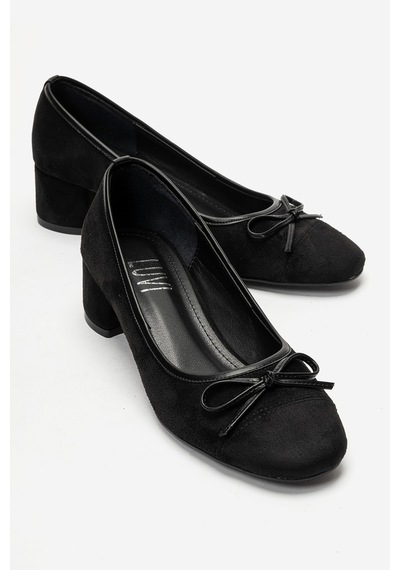 Luvi Shoes Leslıe Siyah Süet Fiyonklu Kadın Kalın Topuklu Ayakkabı