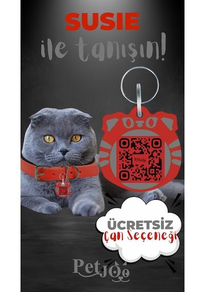 Petjoo 3.Susie Gri-Kırmızı Qr'lı Kedi Künyesi