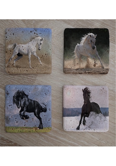 Koşan Atlar Doğal Taş Bardak Altlığı 4'lü Set - Natural Stone Coasters-174216 Çok Renkli