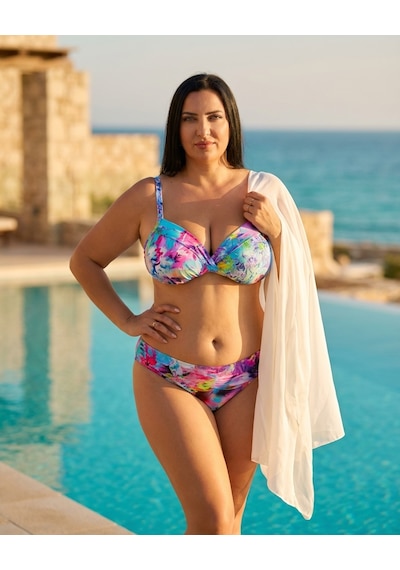 Büyük Beden Kaplı Telli Çiçek Desenli Çapraz Göğüs Tasarımlı Ayarlanabilir Askılı Kadın Bikini Takımı Büyük Beden Kaplı Telli Çiçek Desenli Çapraz Göğüs Tasarımlı Ayarlanabilir Askılı Kadın Bikini Takımı