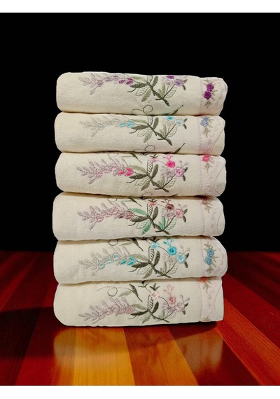 50x90 Cm Nakışlı Kadife 6lı El Havlusu Yüz Havlusu Seti Açık Krem