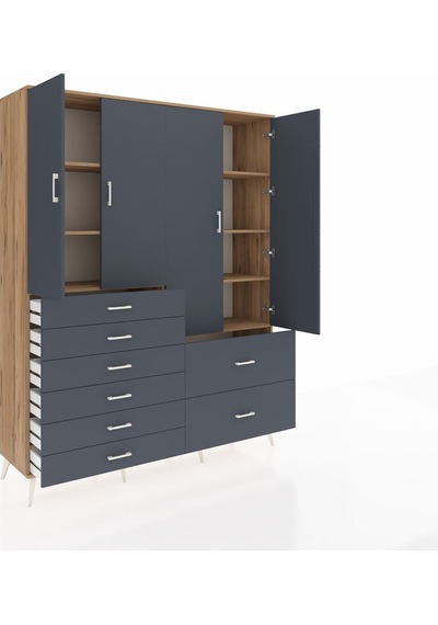 Hyperion Gardrop 7 Raflı 8 Çekmeceli 4 Kapaklı 176x44x221 Çam-antrasit Beyaz Hyperion Gardrop 7 Raflı 8 Çekmeceli 4 Kapaklı 176x44x221 Çam-antrasit Beyaz