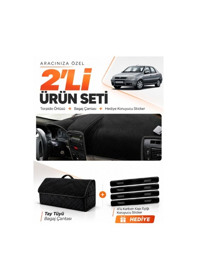 Fıat Albea 2005-2012 Uyumlu Torpido Örtüsü + Tay Tüyü Bagaj Çantası + Sticker Seti - Siyah