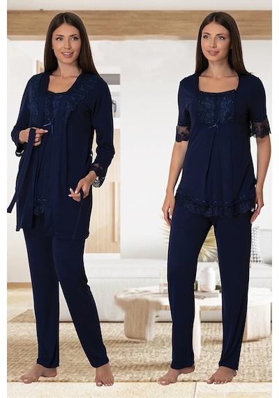 Effortt Dvina Lohusa Hamile Sabahlıklı Dantel Detaylı Ve Kısa Kollu Pijama Takımı-3'lü Set-lacivert Lacivert Effortt Dvina Lohusa Hamile Sabahlıklı Dantel Detaylı Ve Kısa Kollu Pijama Takımı-3'lü Set-lacivert Lacivert