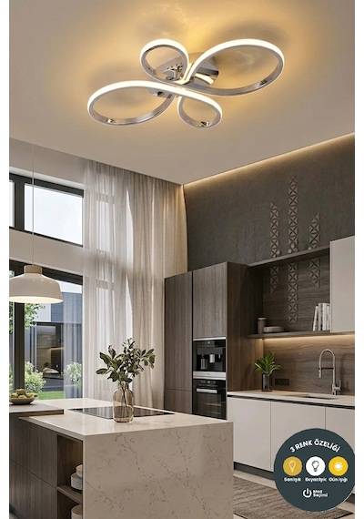 Liya Tasarım Krom Led Plafonyer Avize - 3 Renk Işıklı Ayarlanabilir Modern Aydınlatma