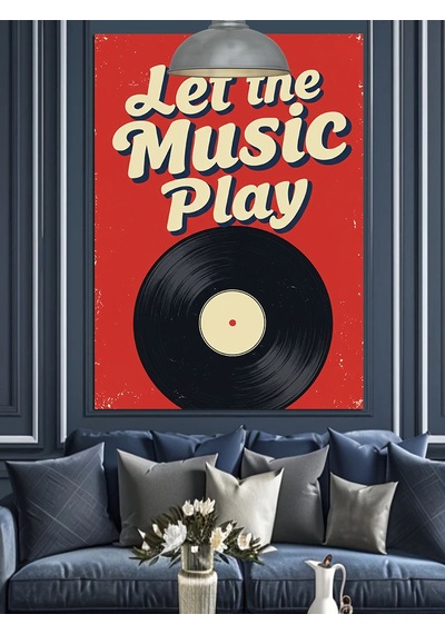 Let The Music Play Sloganı Ve Plak Dekoratif Kanvas - Mdf Ahşap Tablo