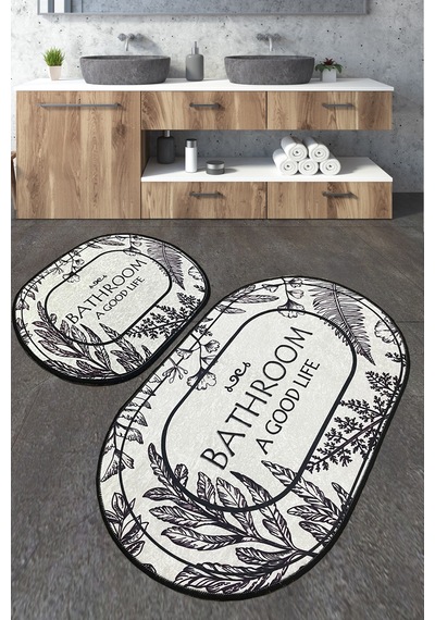 Buena Banyo Halısı Djt 2 Li Set Yıkanabilir , Kaymaz Taban Banyo Beyaz - Siyah