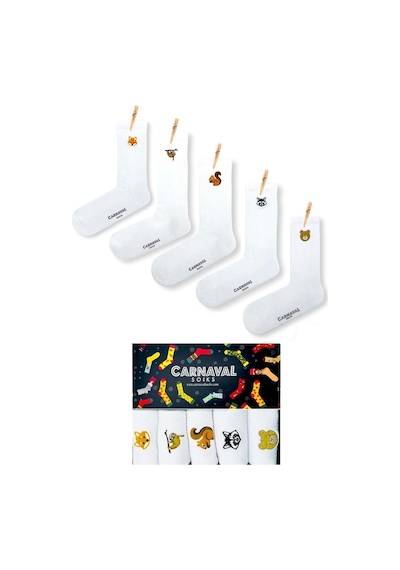 Carnaval Socks 5'li Nakışlı Hayvanlar Desenli Unisex Beyaz Çorap Kutusu Beyaz