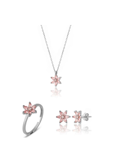 Zanaatsilver 925 Ayar Gümüş Pembe Taşlı Rodyum Nilüfer Çiçeği Takım & Seti