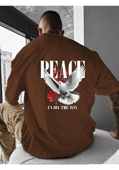 Peace Baskılı Oversize Tişört Kahverengi