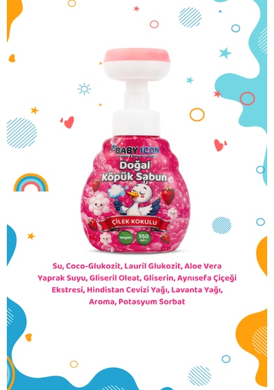 Baby Icon Doğal Çocuk Köpük El Sabunu 350 Ml Çilek Kokulu Lavanta Aynısefa Vegan Parabensiz Çiçek Şekilli Pembe Köpük