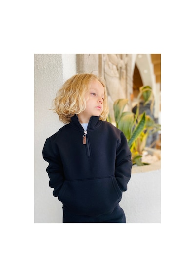 Heyadventure Erkek / Kız Çocuk Dik Yaka Sweatshirt Kangru Cepli 3 İplik Şardonlu Siyah Siyah