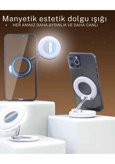 Magsafe Mini Selfie Lambası Aynalı Led Telefon Işığı Manyetik Şarjlı Vlog Tiktok Youtube Makyaj Çekim Işığı Siyah