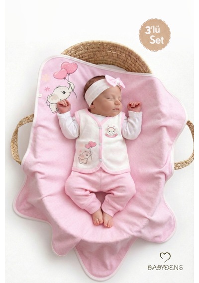 Babyden's Kız Bebek 3’lü Set Pamuklu Jakarlı Fil Baskılı Yelek ,Battaniye ,Saç Bandı 6-9 AY