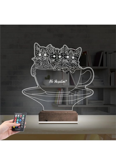 Luvivia Kedi Fincan Tasarım Kişiye Özel 3d Lamba - Masa Gece Lambası Şeffaf