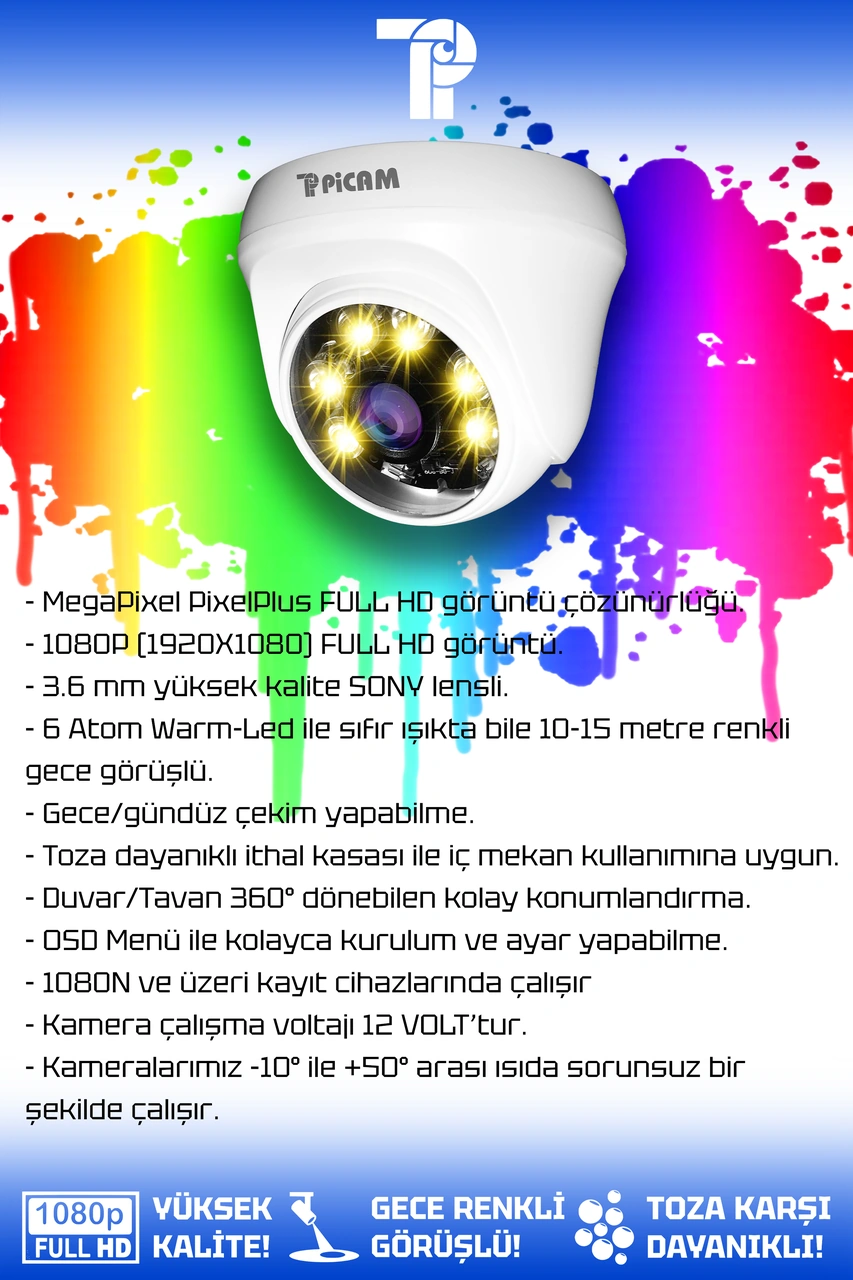 Picam 3 Kameralı Süper 1 İç Kamera Set HDD'siz 5 MP 2K Net Renkli Gece Görüşlü Güvenlik Kamerası Sistemi